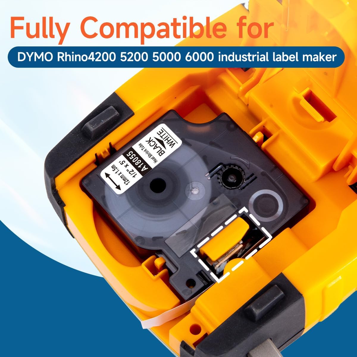 Compatible with DYMO 18055 Rhino 4200 1/2" Heat Shrink Tube Labels 12mm A18055 Use for DYMO Rhino 5200 5000 4200 3000 Industrial Label Maker, Black on White,1/2" x 4.9', 5-Pack