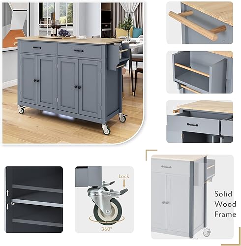 Miniatura 20 de Carrito de isla de cocina con encimera de madera maciza y 2 cajones, isla de cocina con ruedas de bloqueo con armarios de almacenamiento de 4 Negro