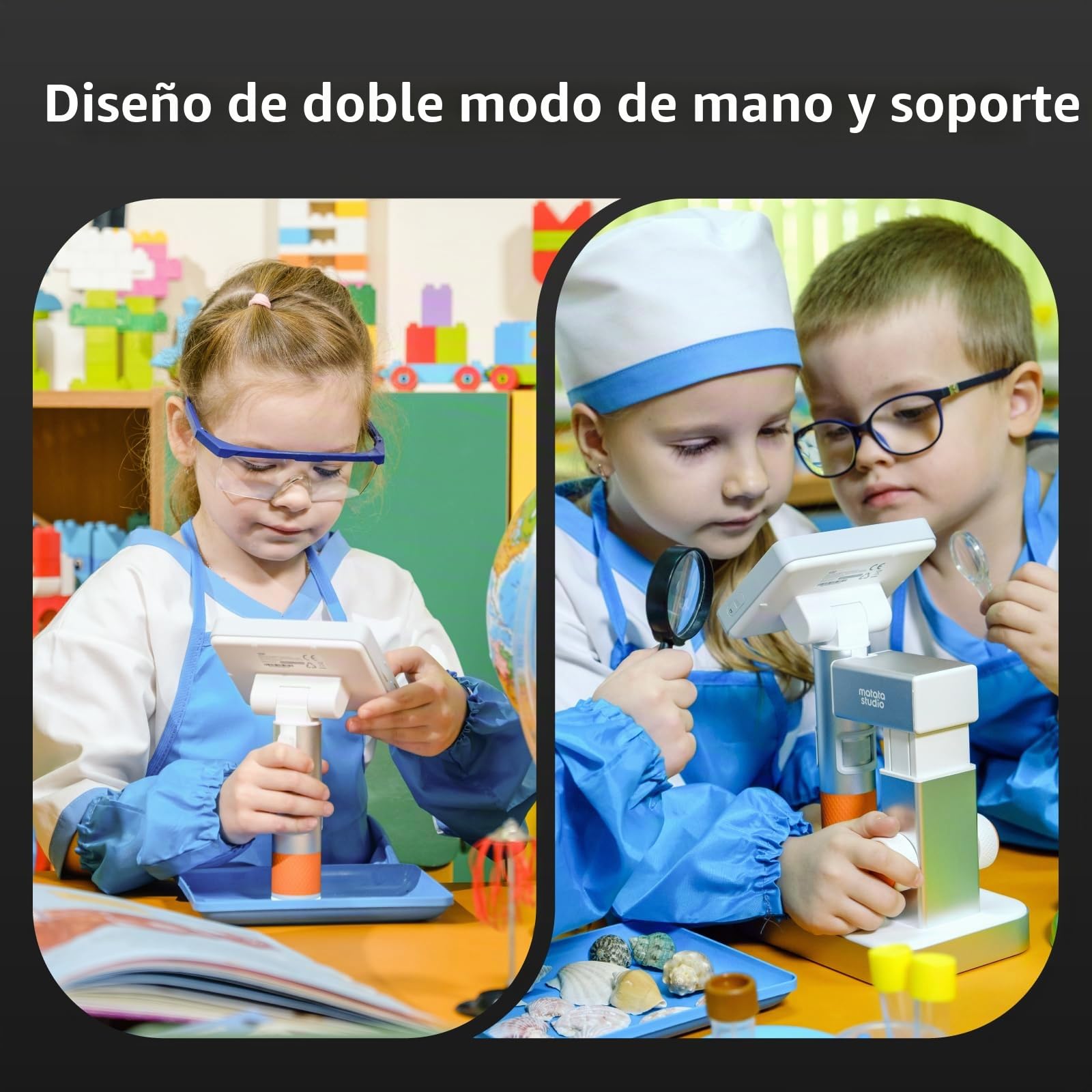 4.3" Microscopio Portátil para Niños, MatataStudio MX2-AS 2-en-1 Microscopio Digital de Mano para Niños 1600x Mini Microscopios de Bolsillo Infantil Microscopios USB WiFi con Video Foto Luces LED