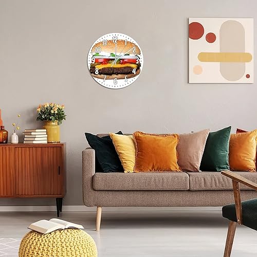 Miniatura 7 de Reloj de pared para hamburguesa, divertido, aperitivos, madera, redondo, de 10 pulgadas, rústico, elegante, silencioso, sin tictac, funciona con