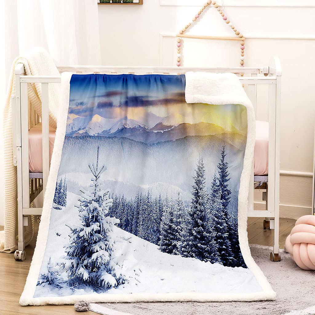 Manta De Franela De Microfibra 180X220Cm Manta De Felpa Suave para Sofá Cama 3D Escena De Nieve Blanca En El Bosque Impresión Patrón Manta Polar Invierno Gruesa Y Esponjosa Caliente Transpirable