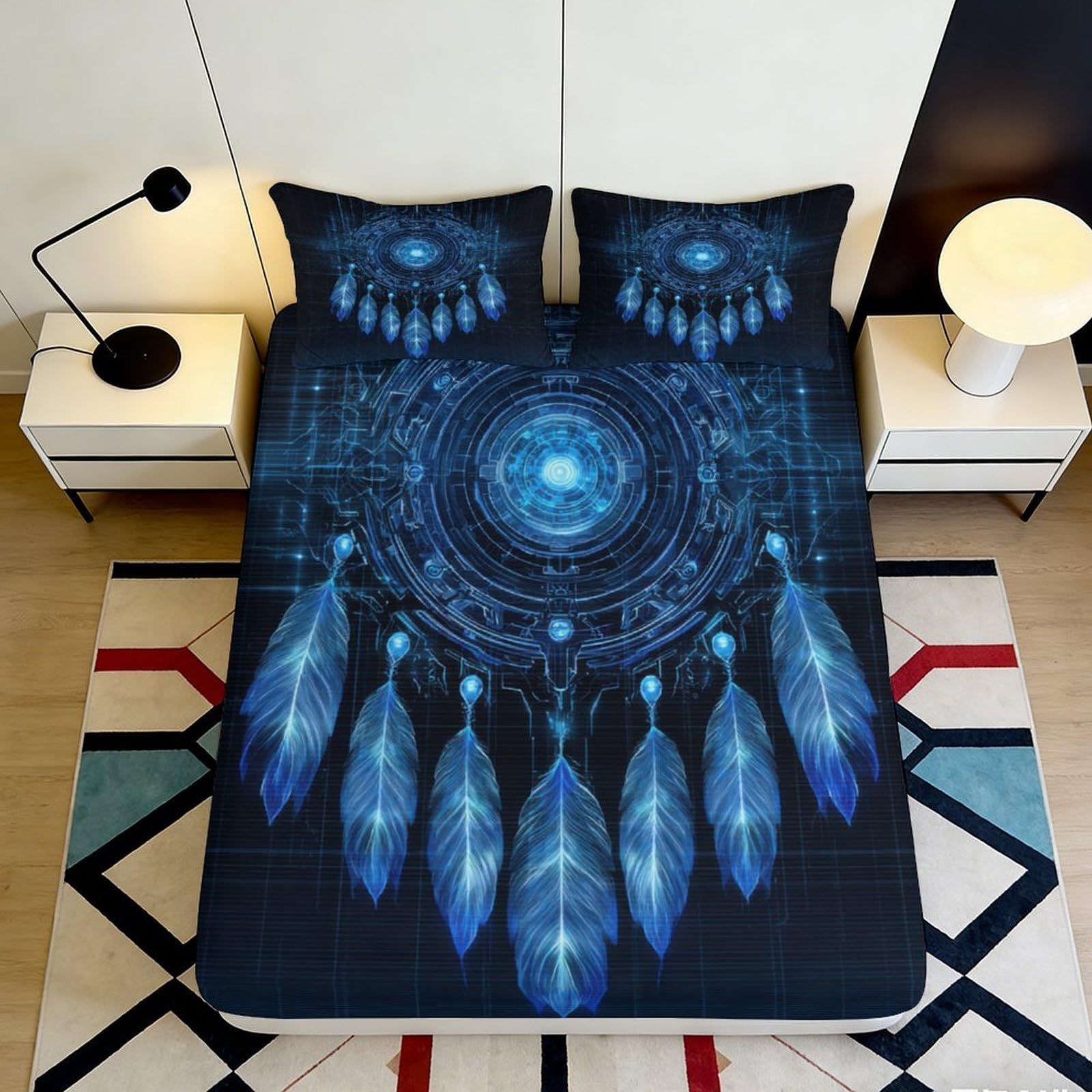 3D Printed Blue Dreamcatcher Fitted Sheet Microfiber Soft Breathable Feather Pattern Mattress Cover for Bedroom Dormitory Guest Room Protection 120x200x25cm
