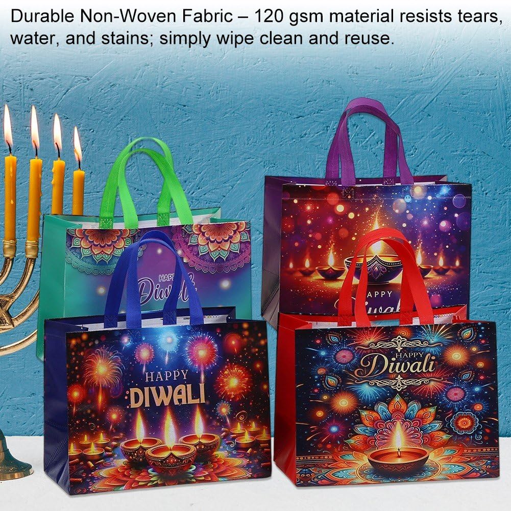 12 torebek na prezenty Happy Diwali, z włókniny, z kolorowymi nadrukami fajerwerków, wielokrotnego użytku, z uchwytem