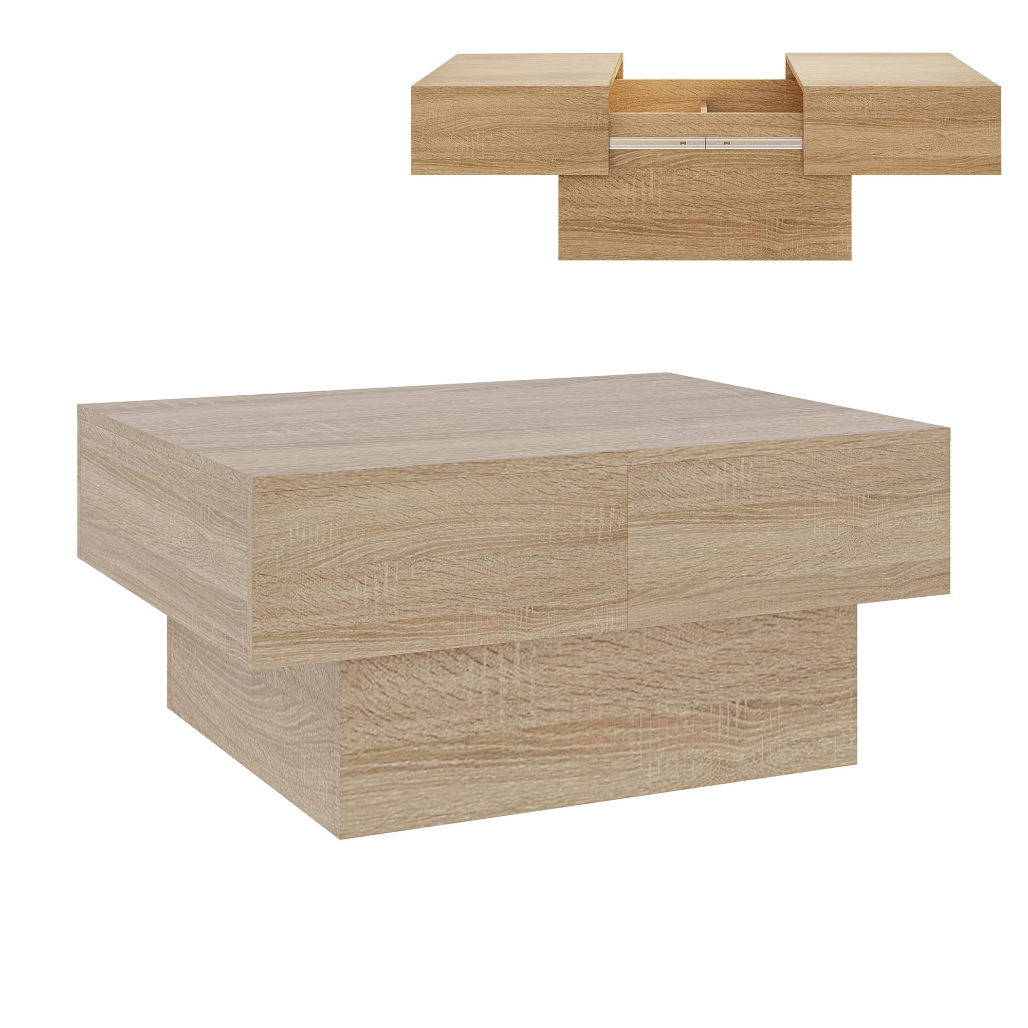 [en.casa] Tavolino da Caffè con Piano Rettangolare Scorrevole e 2 Scomparti Tavolo Basso Centrale da Salotto a 2 Vani Portaoggetti Chiusi 80 x 60 x 36 cm per Soggiorno - Effetto Rovere