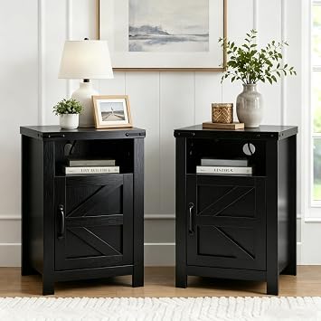Black Farmhouse Nightstand Set of 2, End Tables Set with Charging Station, Night Stand with Door and Storage Shelf, Sofa Side Table Living Room, Bedside Table for Bedroom