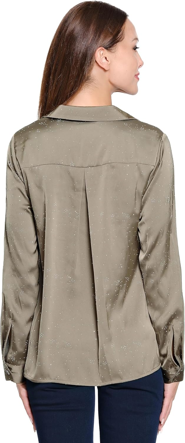 Ali Miles Women's Woven Button Front Tunic with Rhinestone Details and Point Collar