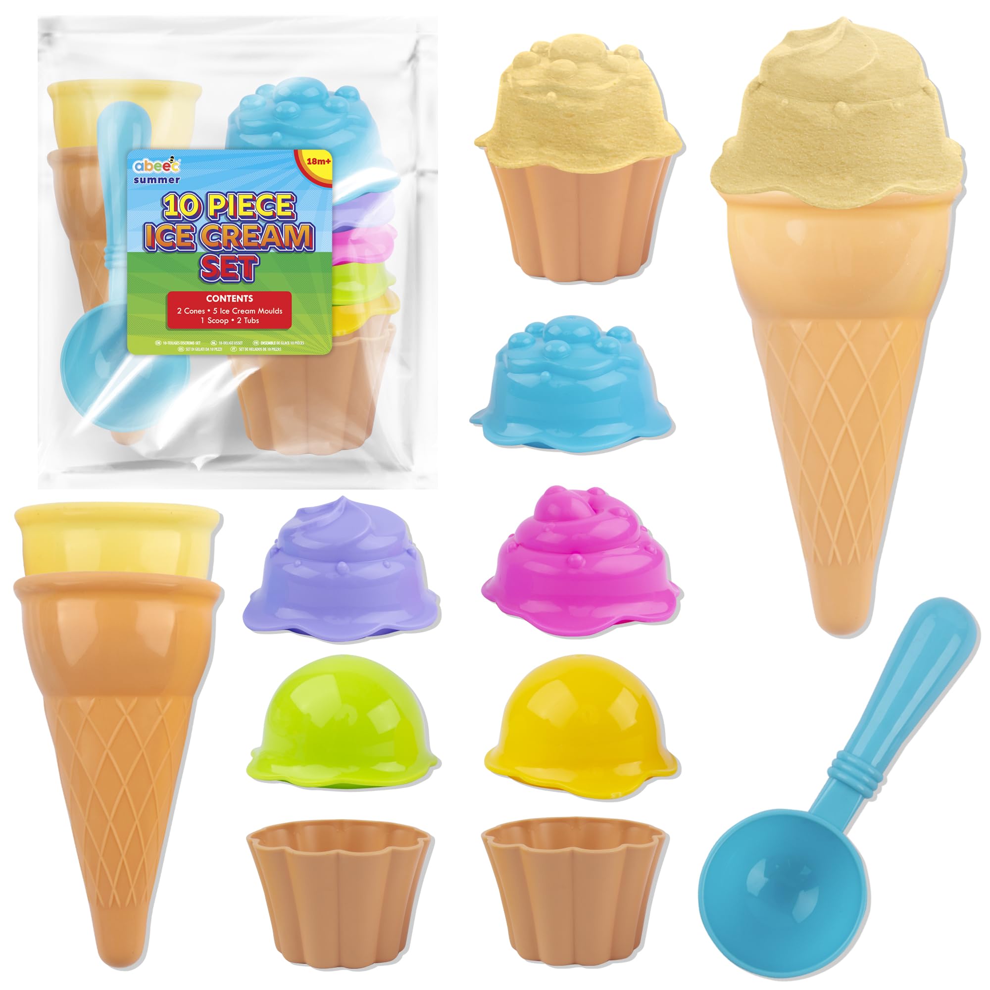 abeec Ice Cream Beach Set - 10 Piece - Beach Toys For Kids - Ice cream Bath Toy - Sand Toys - Ice cream Mould Set with Cones Scoop and Tubs - Travel Toys