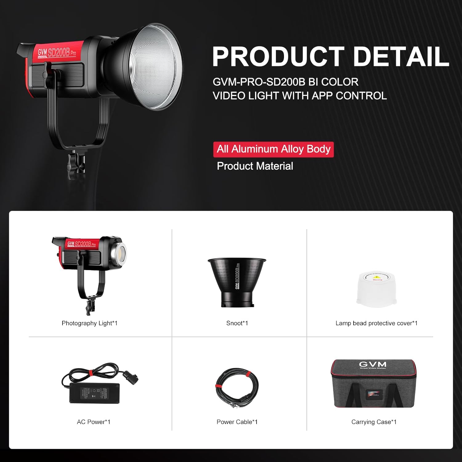 GVM 200W LED Video Light, PRO SD200B Photography Lighting Kit with Bluetooth Mesh Network/DMX Control, 2700K-6800K Studio Light Continuous Lighting Kit for YouTube,Film, 45400lux/1m, 12 Scene Effects