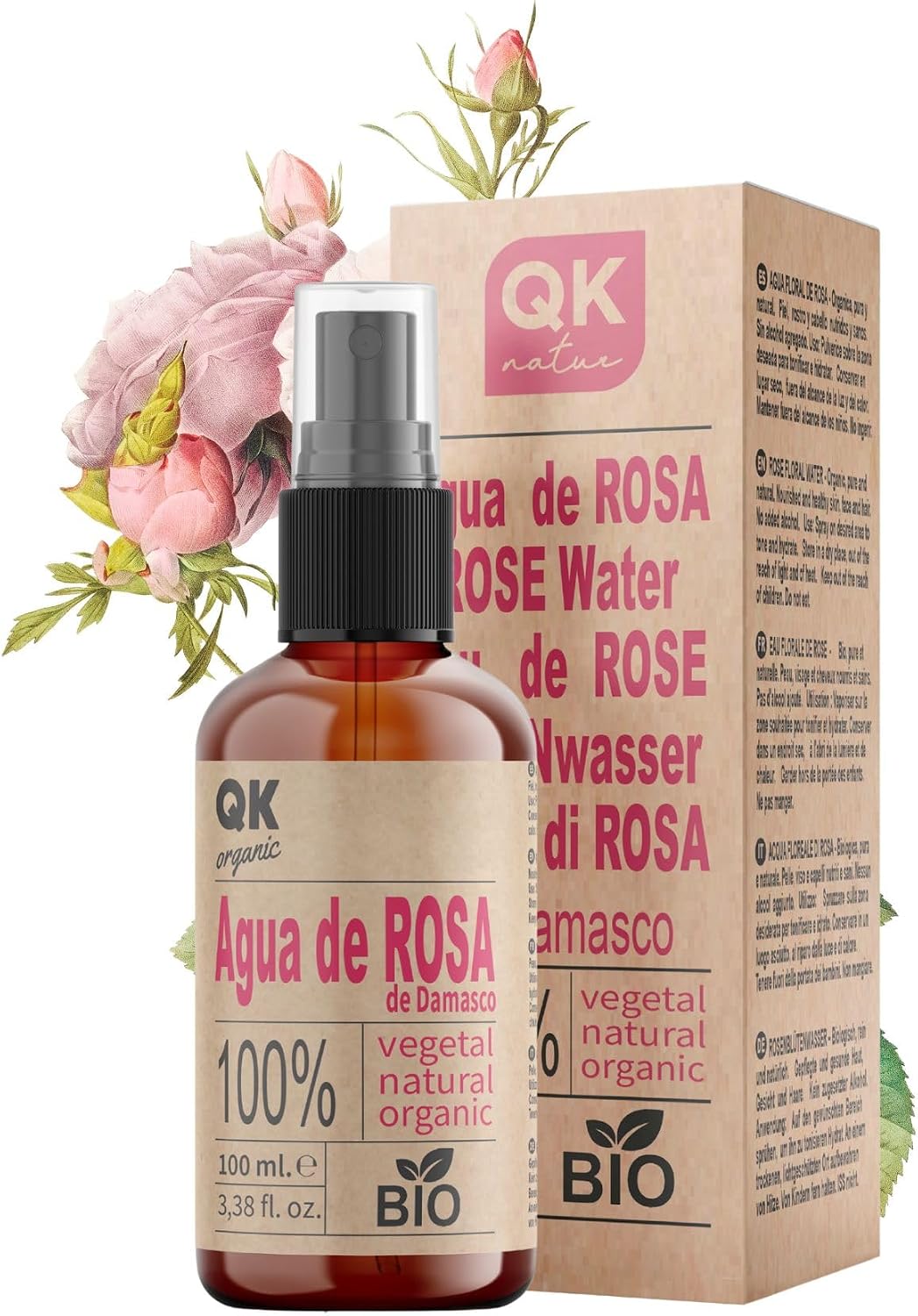 QKnatur   Rosenwasser Bio Damaszener-Rosen 100 ml   100% reines und nat rliches Gesichtswasser   Gesicht Augenkontur K rper Haare   Glasflasche mit Spray