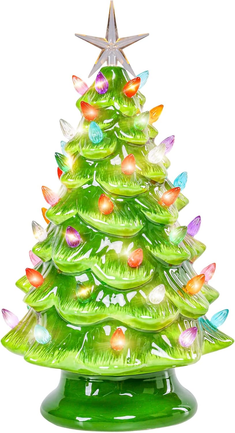 Bdor 12″ Lighted Ceramic Christmas Tree with Multicolor Bulbs – Battery Operated Tabletop Holiday Decoration with Glittered Snow Branches – Classic Vintage Style for Christmas Indoor Décor