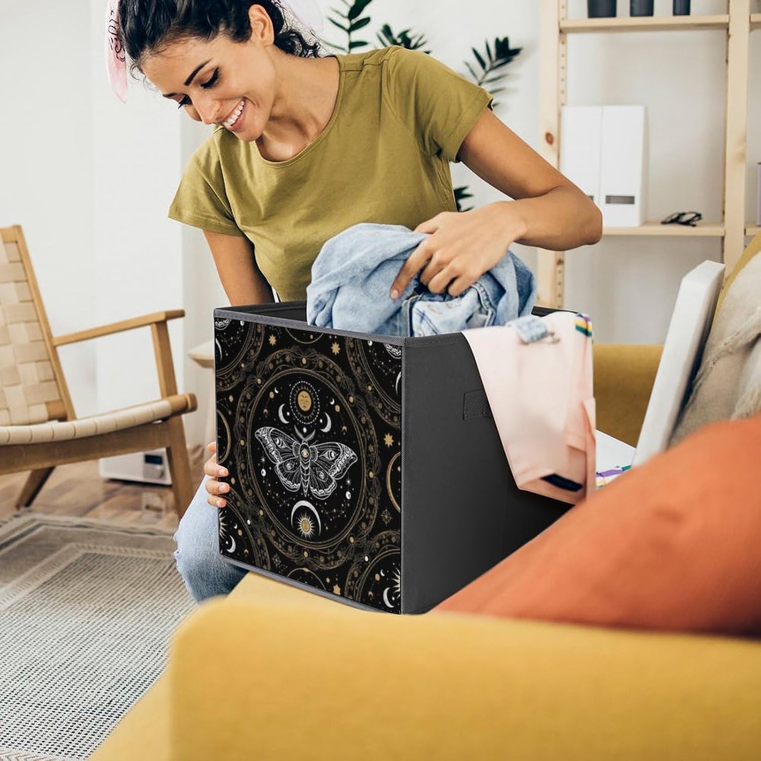 Collapsible Storage Bins with Handles Gothic Witchy Sun Moon Mushroom Moth, Large Capacity Foldable Cube Box for Blankets, Comforters, Pillows, Perfect for Linen Closet Storage
