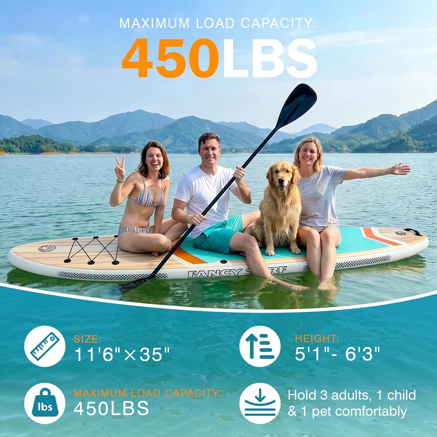 11'6"x35" Extra Wide Inflatable Paddle Board with Seat, 450LBS Sup Stand Up Paddleboard for Adults with Pump, Fins, Backpack, Accessories & Waterproof Phone Pouch for Fishing, Yoga, Touring