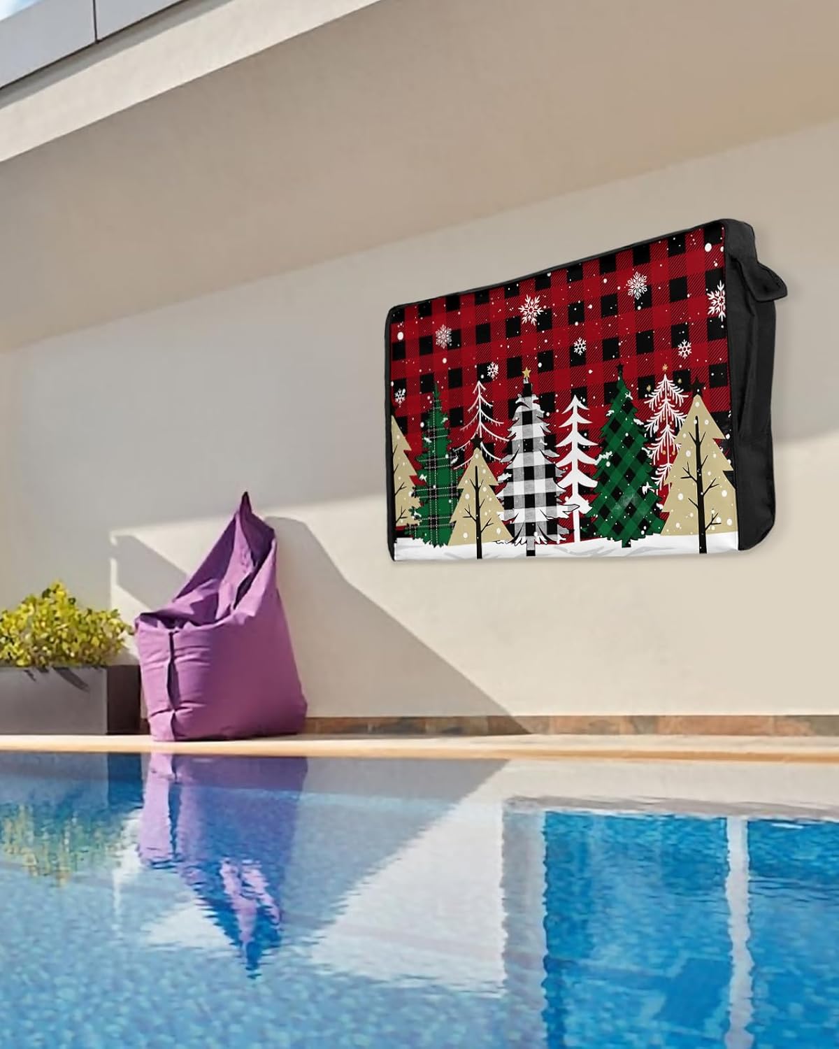 Outdoor TV Cover - Christmas Tree Winter Snowflake Red Black Plaid Waterproof and Weatherproof 36"-39" LCD Movable Shield TV Display Screen Protector Outside Television Covers