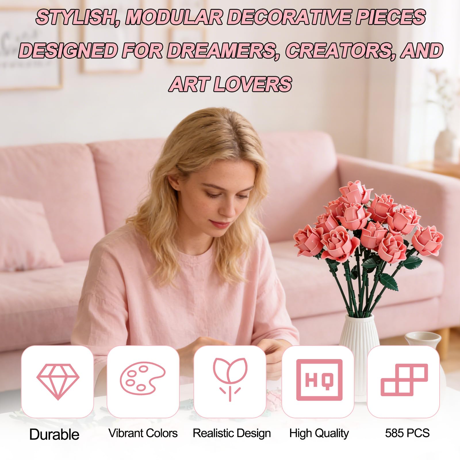 Flowers Pink Rose Bouquet Building Kit, Artificial Flowers Brick Set - Image 2