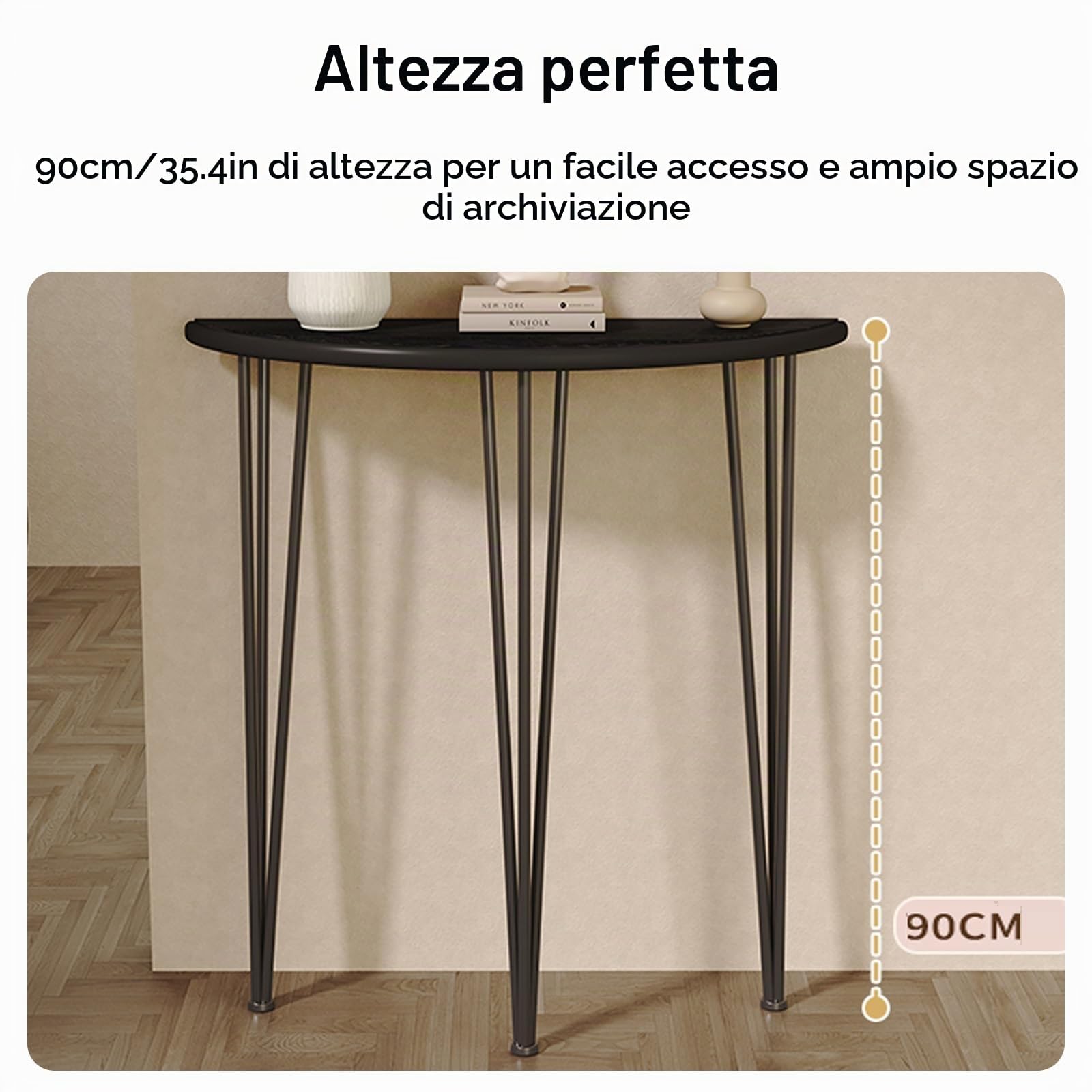 SEIFE Tavolo consolle a mezzaluna, tavolo decorativo semicircolare per divano, tavolino stretto per soggiorno, per corridoio, ingresso(Black,60CM/23.6in)
