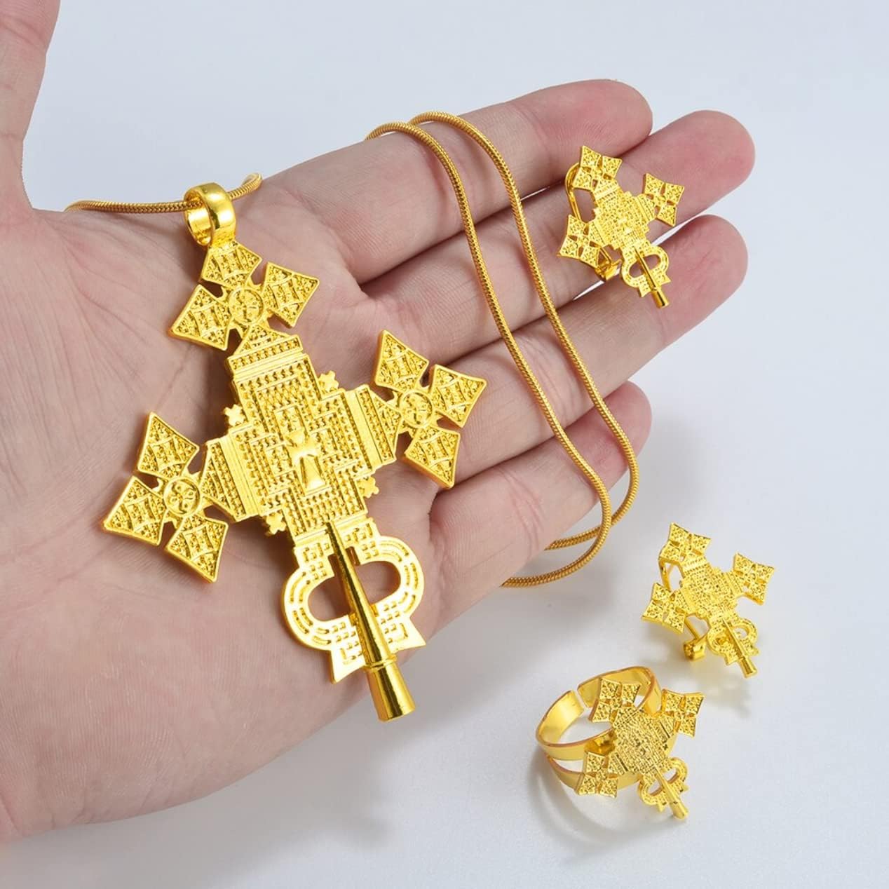 Ethiopian Jewelry for Women Set - Ethiopia Necklace for Women - Ethiopian Big Cross Pendant Chain Earrings Ring Women Gold Color Eritrea Traditional Jewelry African Crosses