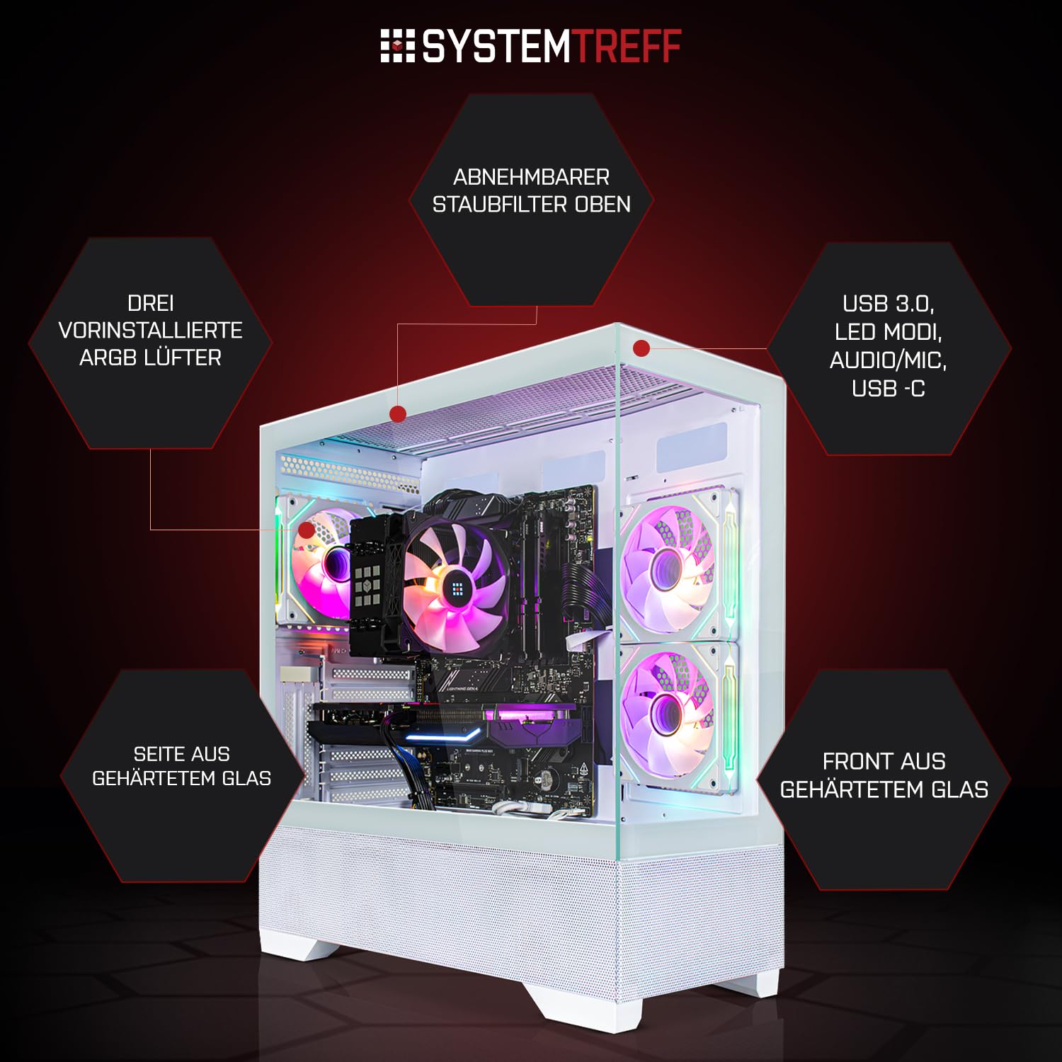 SYSTEMTREFF High-End Gaming PC weiß AMD Ryzen 5 9600X 6x5.4GHz | AMD Radeon RX 9060 XT 16GB DX12 | 1TB M.2 NVMe | 16GB DDR5 RAM | Windows 11 | Desktop Computer Rechner für Gamer, Zocker & Streamer