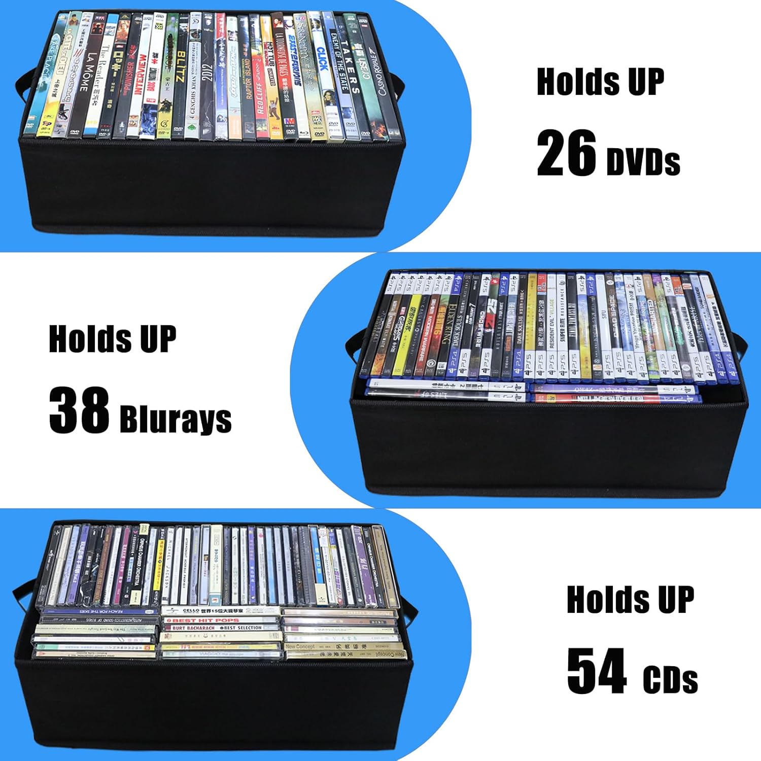DVD Storage Boxes, 4P Larger DVD Storage Cases with Lid, Stackable Fabrics Media Organizer Holds Up 104 DVDs (Each 26), Also Idea for Storaging Blu rays, Video Game Cases, CDs