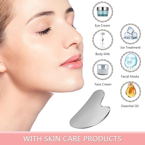 Miniatura 5 de Gua Sha, herramientas faciales Gua Sha de acero inoxidable, herramienta Guasha para cara mejorada, acero inoxidable Guasha (plateado)