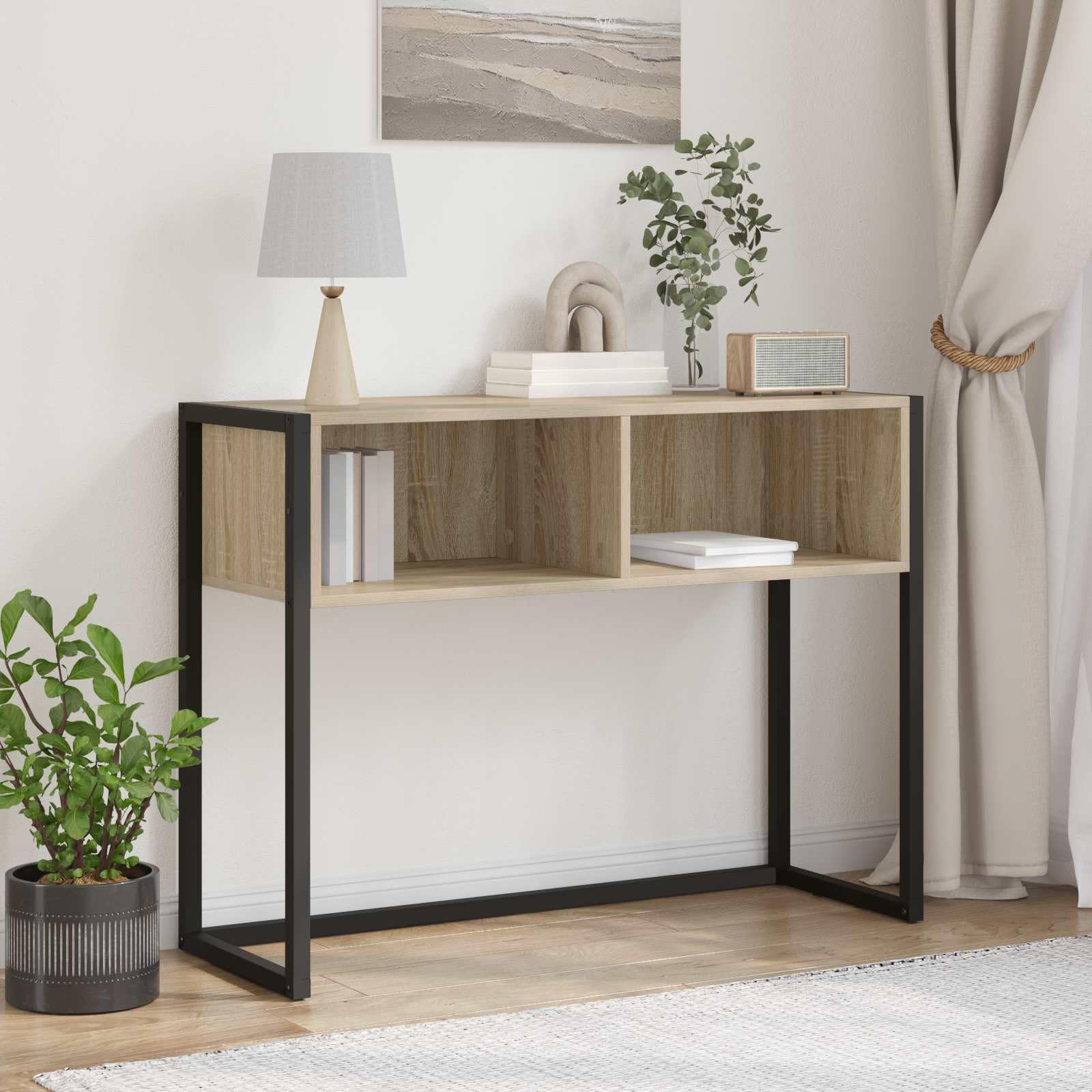 SXZenSpace Industrial Side Table 100 x 36 75 cm Sonoma Brown Engineered Wood End with Storage Shelf for Living Room Bedroom Corridor