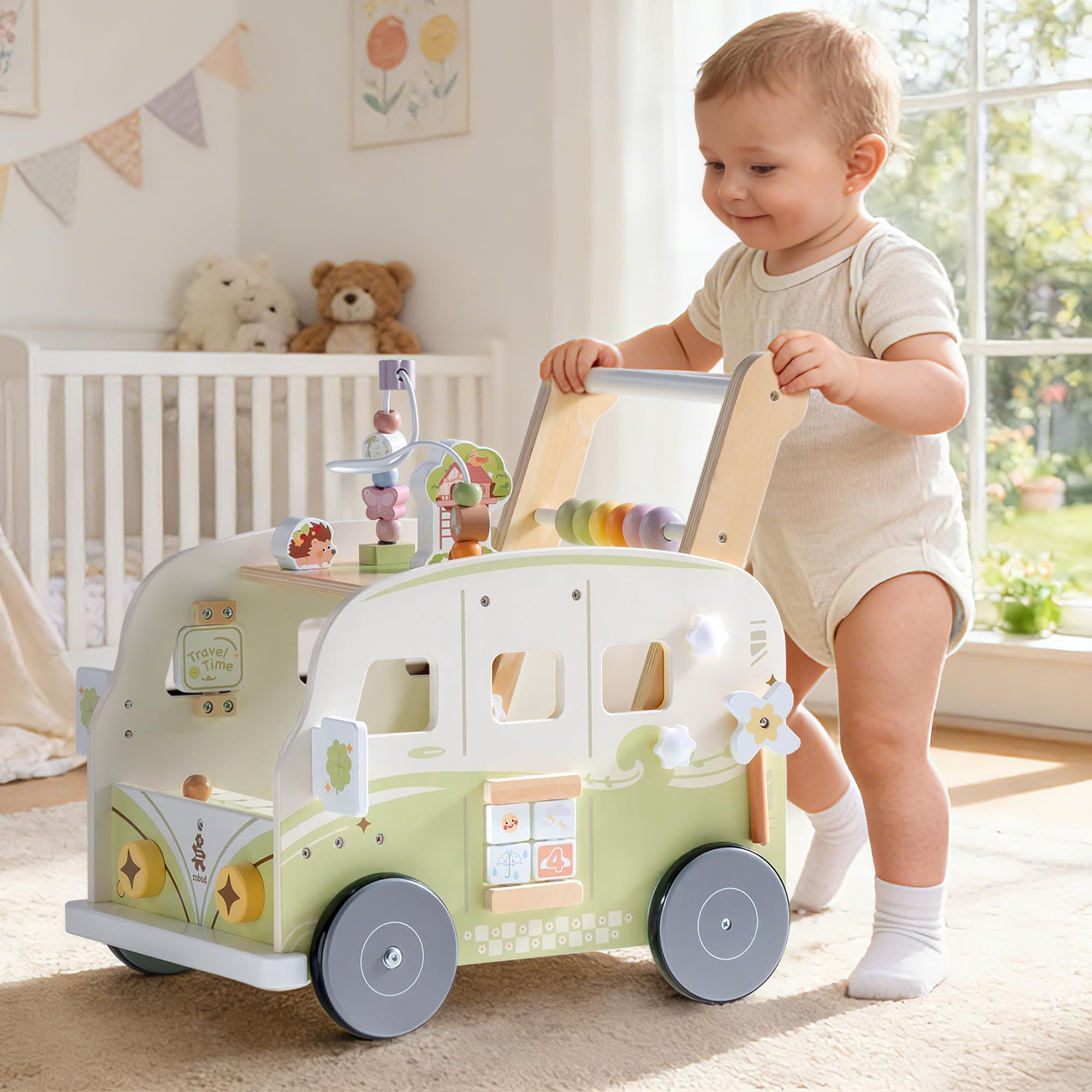ROBUD Andador de madera, velocidad y altura ajustables, andador para bebé, juguete educativo, regalo para niños y niñas a partir de 10 meses -1-2 años, verde