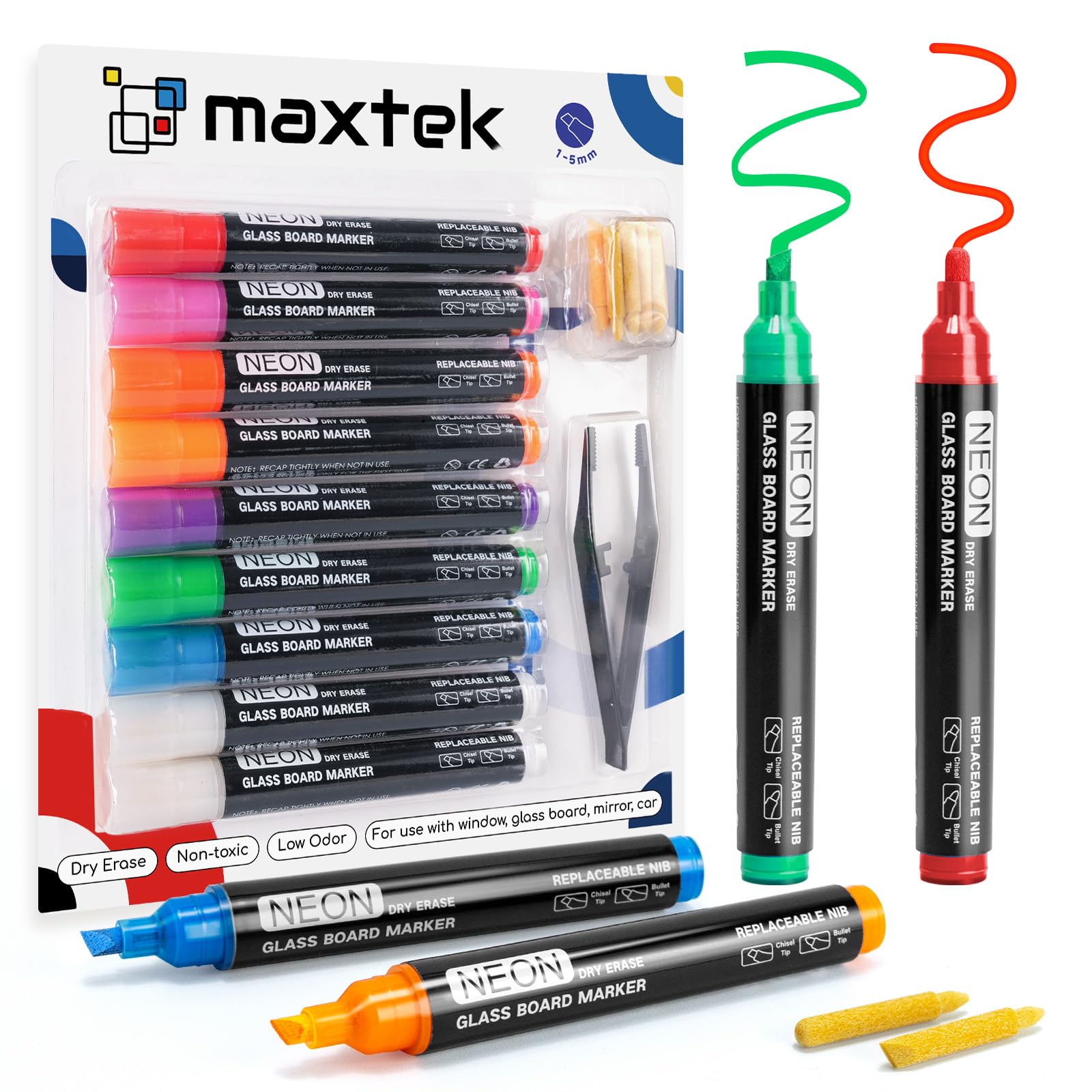 maxtek Neon Dry Erase Markers for Glass,Window Markers for Dry Erase Board,Chalkboard,LED Note Board,Acrylic Refrigerator Calendar,Chisel Tip,Low Odor,Assorted Colors,9 Count