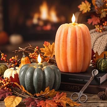 Baquler 2 Pcs Large Pumpkin Figural Flameless Candles with Timer Remote Control 4.7 x 6.7, 4.9 x 4.5 Battery Operated Flame LED Candle for Fall Thanksgiving Halloween Home(Green,Orange)