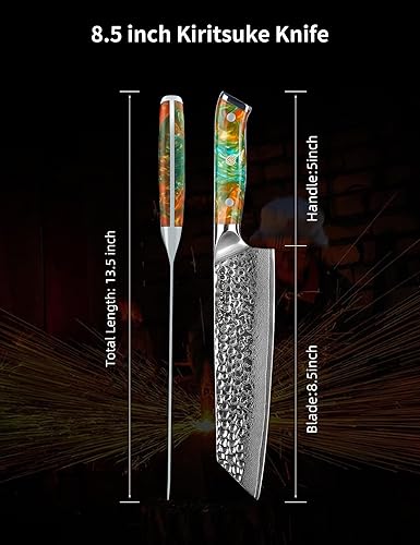 Vista 31 de Cuchillo Santoku de 7 pulgadas - Cuchillo japonés de chef - Mango de acero y resina de Damasco martillado - Serie YAO