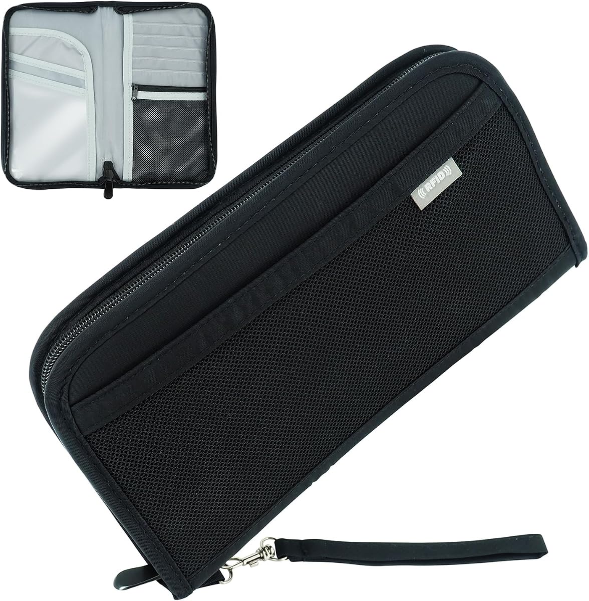 Fosmon Passport Bag, RFID Blocking Travel Document Organizer, Black | Polyester material, slim RFID-blocking wallet, compact 9.8x1x5.5 inches, for airplane travel, unisex.