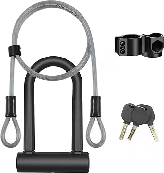 Heavy Duty Bike U Lock with 5ft Security Cable and Mounting Bracket and 2 Keys, Anti-Theft Bicycle Lock for Electric Bikes, Scooters, Mountain & Road Bikes