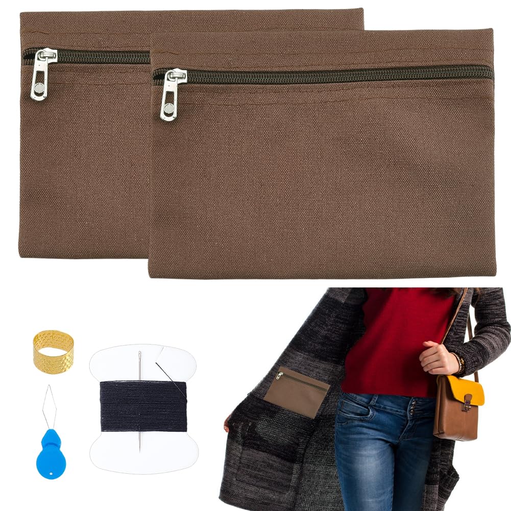 NBEADS 2 Sets Sew-in Side Pocket with Zipper, Zipper Coat Inside Pocket kit with Sewing Thread and Needles Travel Security Pocket Hidden Wallet for Jacket Hoodie Sweatshirt, 16x22x0.4cm, Saddle Brown