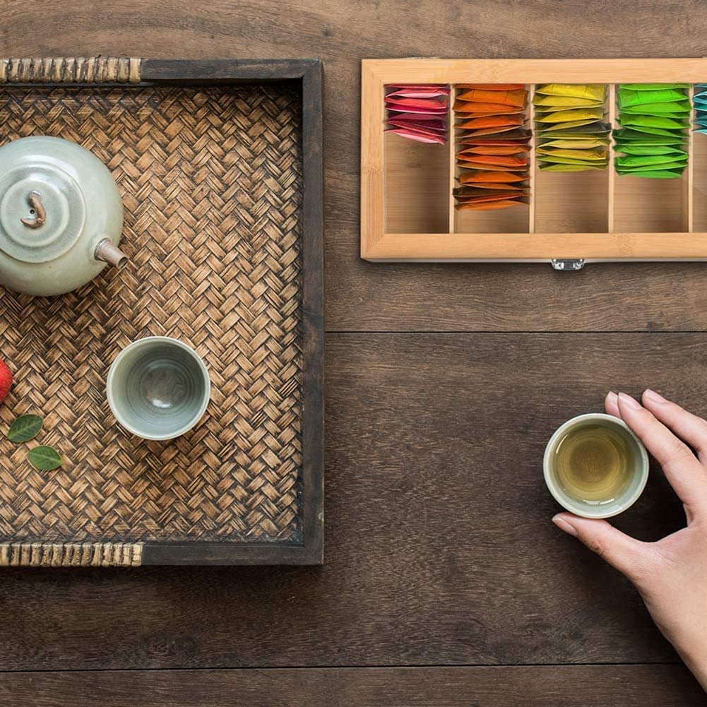 de Bambú Multifuncional Bolsa de Té Organizador de Joyas Caja de Almacenamiento 5 Compartimentos Caja de Té Organizador Contenedor de AzúCar