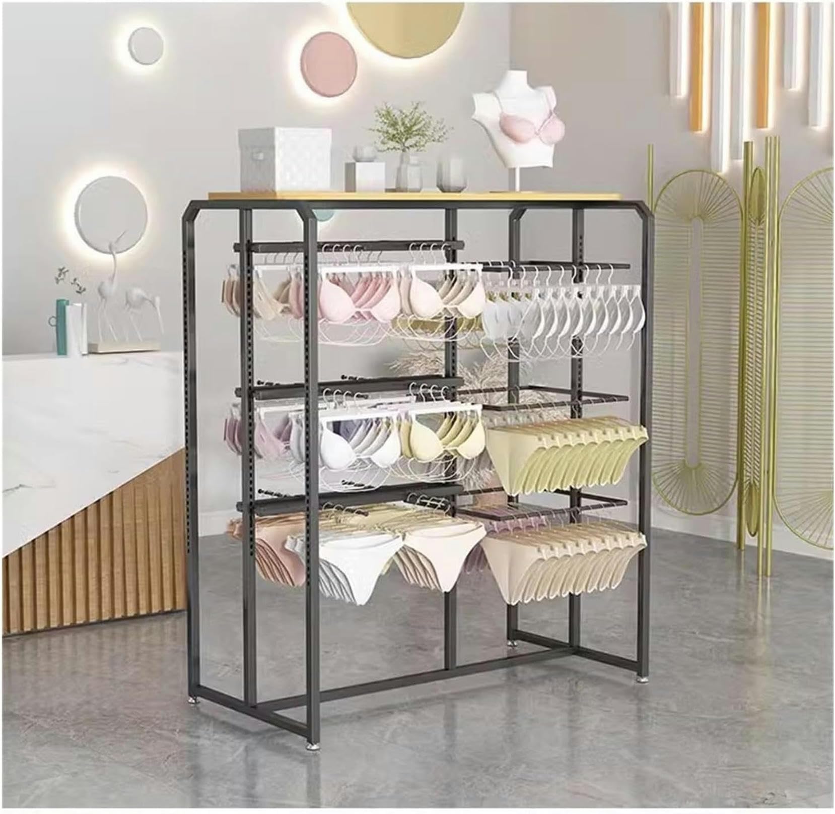 DETMOL Freestanding lingerie display stand, clothes rack for boutiques and retailers in the lingerie sector, clothes rack for socks, bras, panties and scarves, height of the crossbar adjustable.