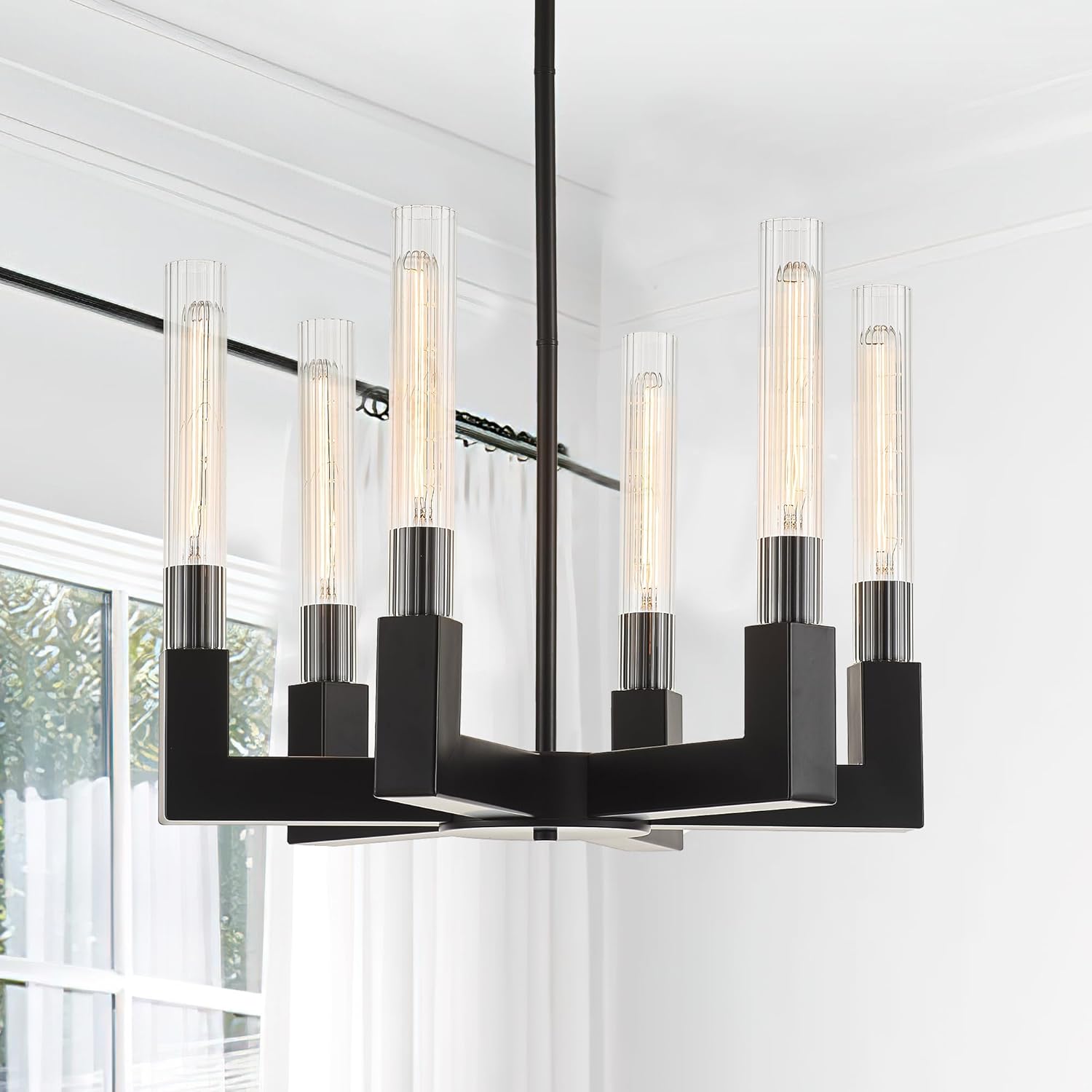 Matte Black Chandelier with Striped Glass Shades, 6-Lights Adjustable Modern Pendant Light Fixtures for Dining Room,Kitchen Pendant Lighting Over Island, E26 Base (Included Bulbs) Black 6-Lights 35'' Round