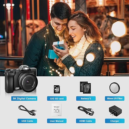 Miniatura 8 de Cámara digital 5K, cámara WiFi para vlogging con tarjeta SD de 32G, cámara compacta de enfoque automático de 48 MP, cámara de viaje de