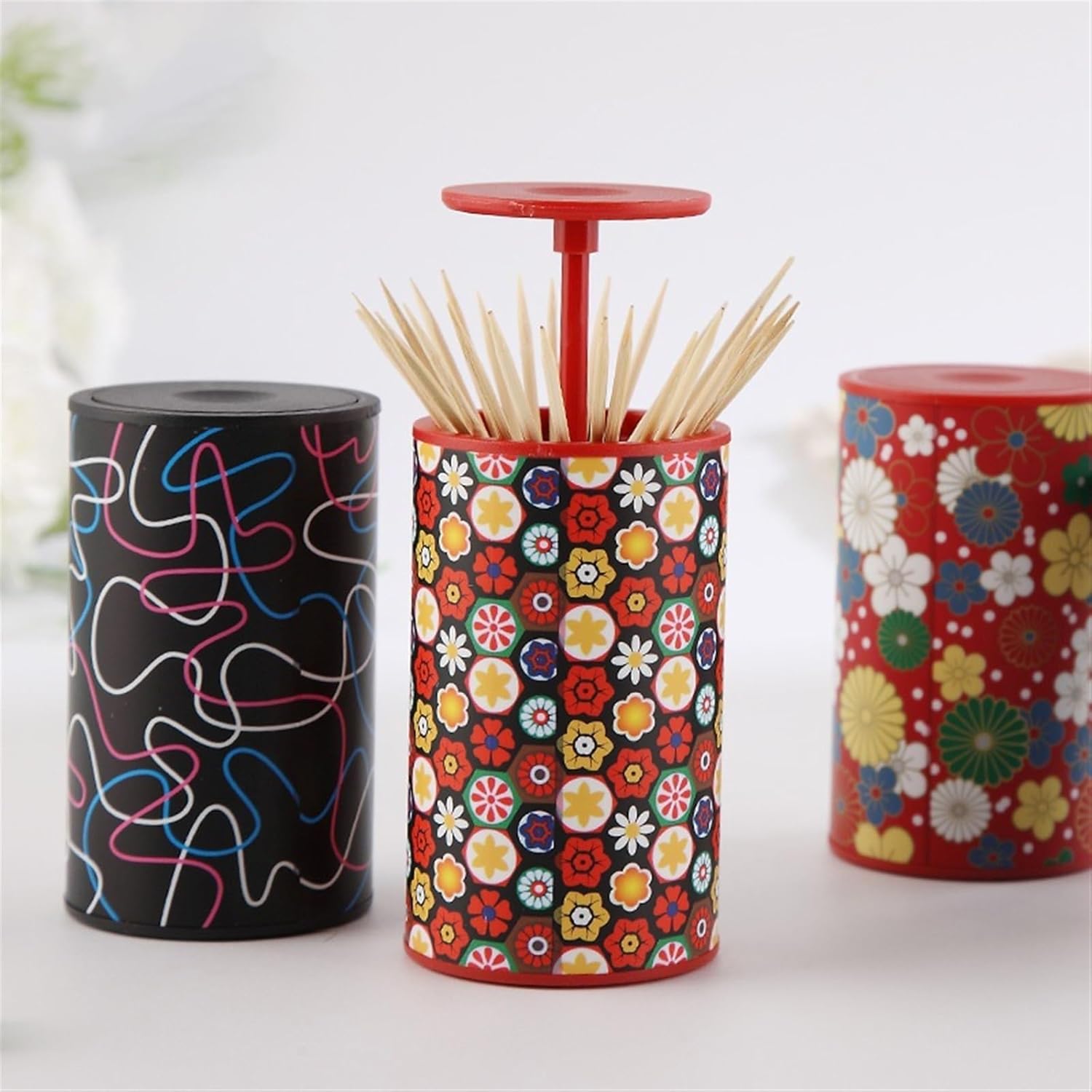 Toothpicks Dispenser Toothpick Box Holder Desktop Jar Automatic Push Pop-up Multi-Purpose Storage Jar Cotton Swab Storage Jar