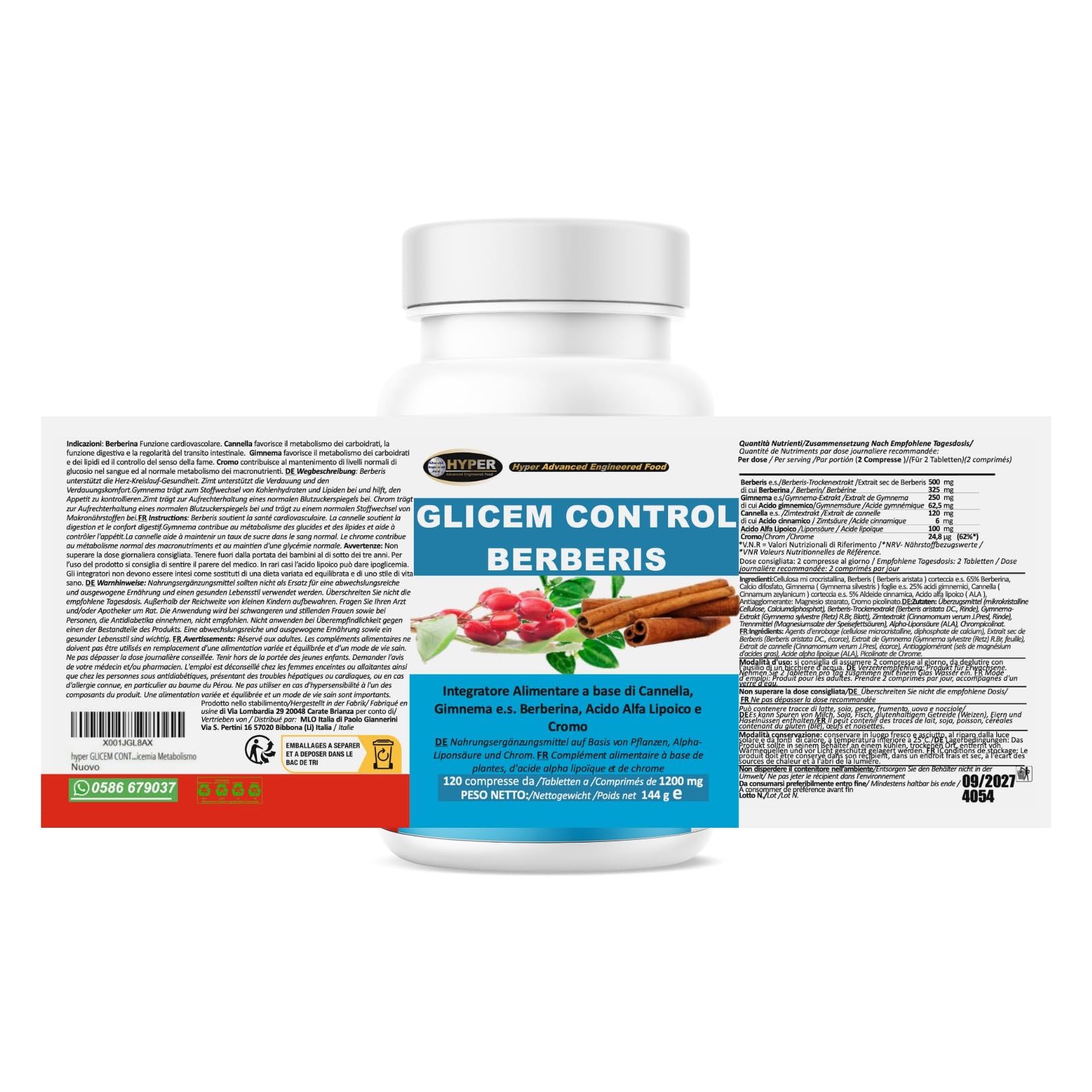 Hyper Glicem Control Berberis 60 Comprimés - Complement Alimentaire pour la Glycemie avec Berberine, Gymnema, Cannelle, Acide Alpha-Lipoïque et Picolinate de Chrome - Métabolisme des Glucides