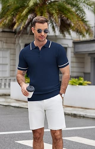 Miniatura 4 de COOFANDY Camisas polo de punto para hombre, camisas de manga corta con botones, camisas clásicas de golf con cuello