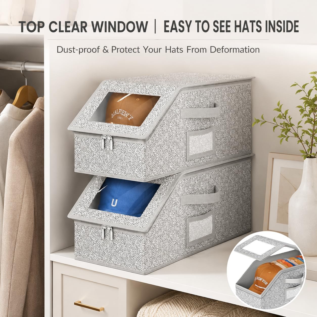 2PCS Clear Window Hat Storage Box, Stackable Breathable Baseball Cap Organizer, Closet Cap Container for Snapback Trucker Fitted Hats (16.54 × 8.66 × 6.69 In-2park)