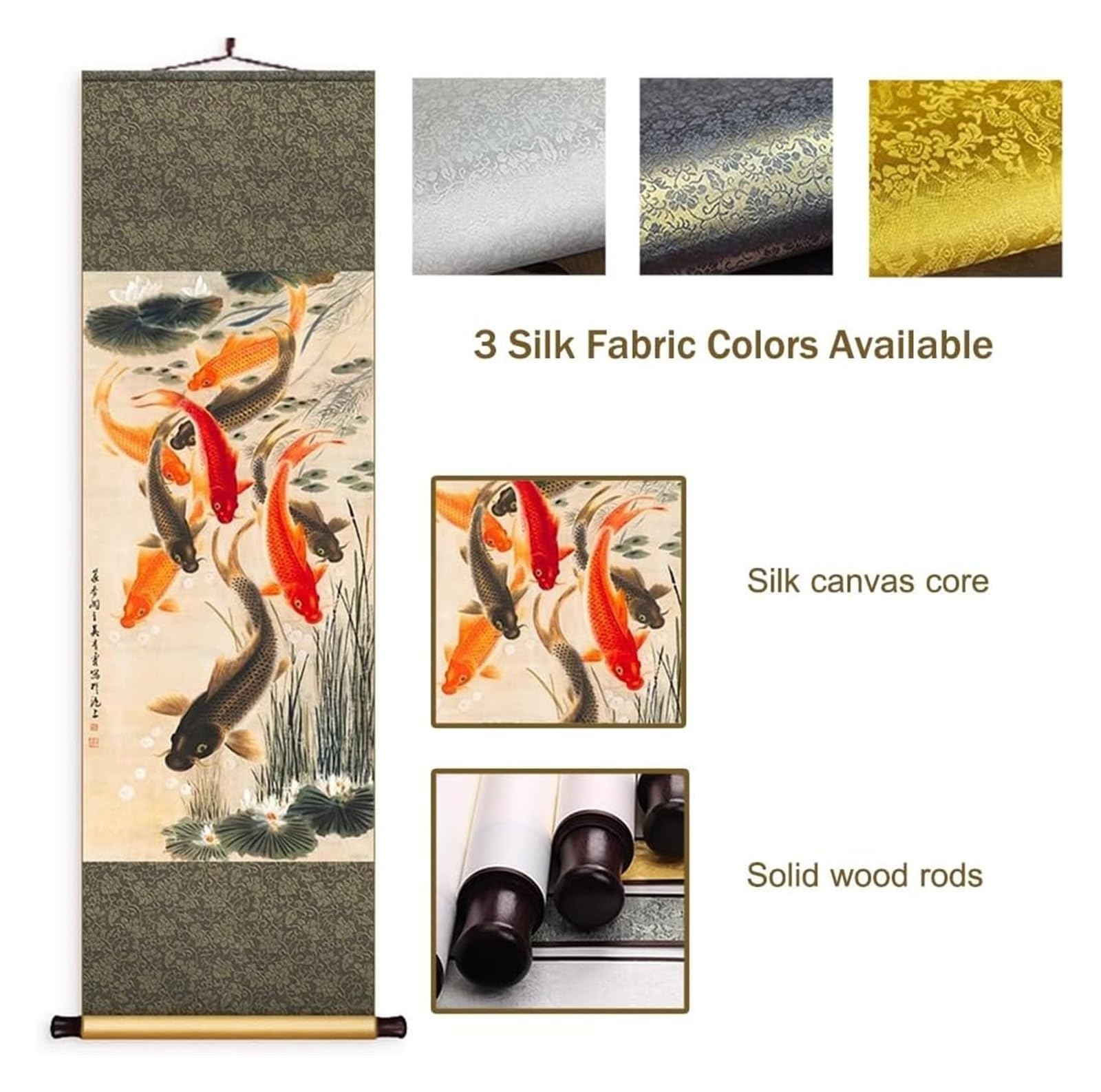 Chiński obraz z dziewięcioma rybami, ręcznie robiona sztuka wisząca na jedwabiu, orientalny mural Feng Shui, pomysł na kreatywny prezent(Creamy White B,50L x 158W cm)