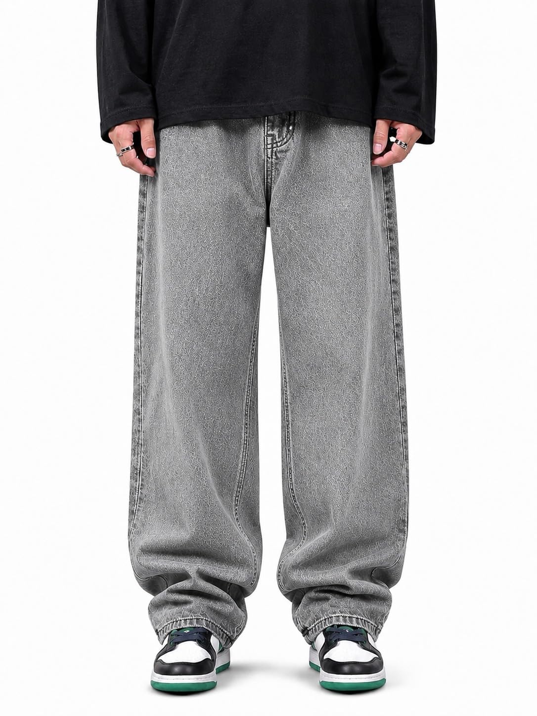 Men's Wide Leg Baggy Jeans, Light Grey Washed Denim, Relaxed Fit, Streetwear Style-image-26