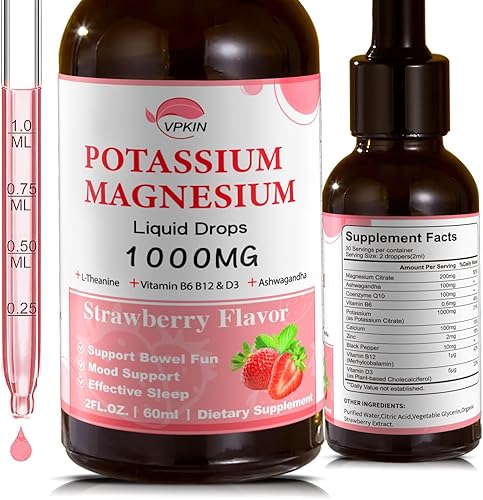 Suplemento de citrato de magnesio y potasio, gotas líquidas de magnesio con glicinato de magnesio 1000 mg con Ashwagandha, zinc, soporte para el