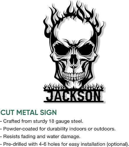 Miniatura 2 de Letrero de metal con diseño de calavera, decoración de pared con nombre personalizado para porche, patio, valla, dormitorio o sala de estar, regalo