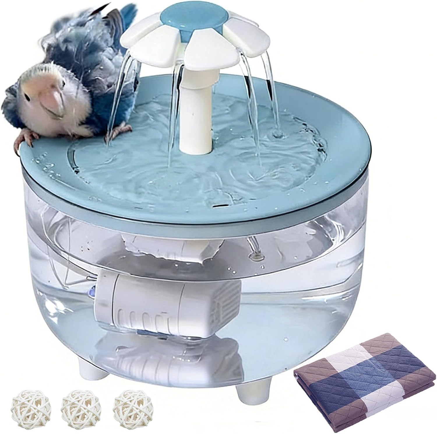 kathson Parrot Bathtub,Automatic Bird Bath Shower,Parakeet Bath Tub with Petal Circulating Filter Fountain Birds Cage Bathing for Small Medium Parrots Lovebirds Conures Finches Cockatiels Budgie, Blue