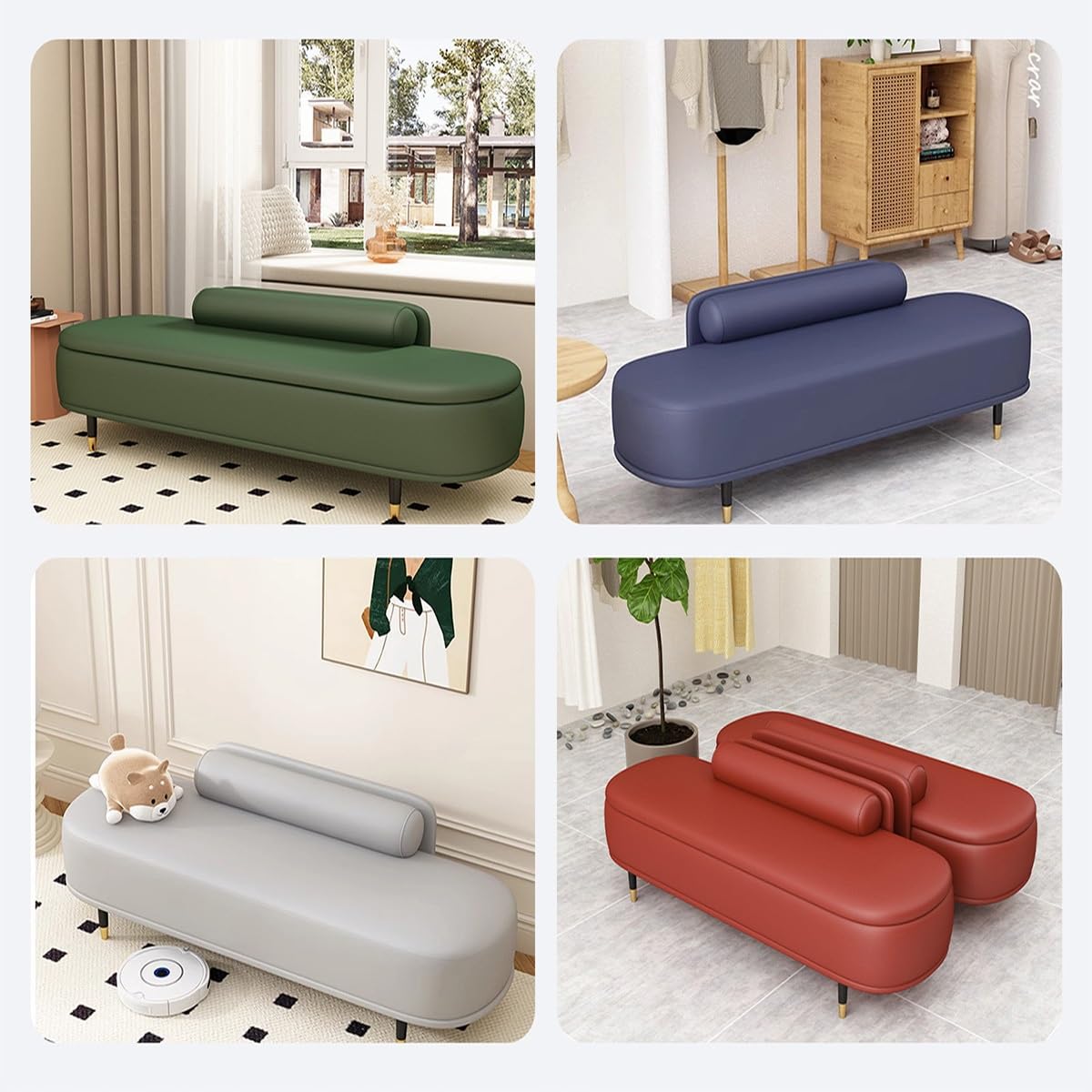 Pouf ottoman écologique vert de 80 cm avec fermeture douce et résistant aux rayures en cuir écologique Repose-pieds et entrée Décoration d'intérieur moderne