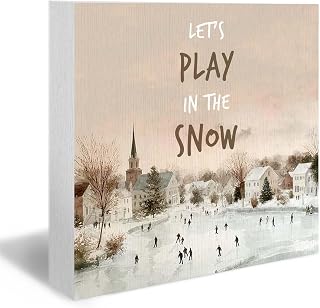 Winter Ice Skating Wood Box Sign, Vintage Christmas Village Desk Shelf Decor, Let’s Play in The Snow Cottagecore Festive Winter Wooden Block Plaque Box Sign for Home Office Table Decor
