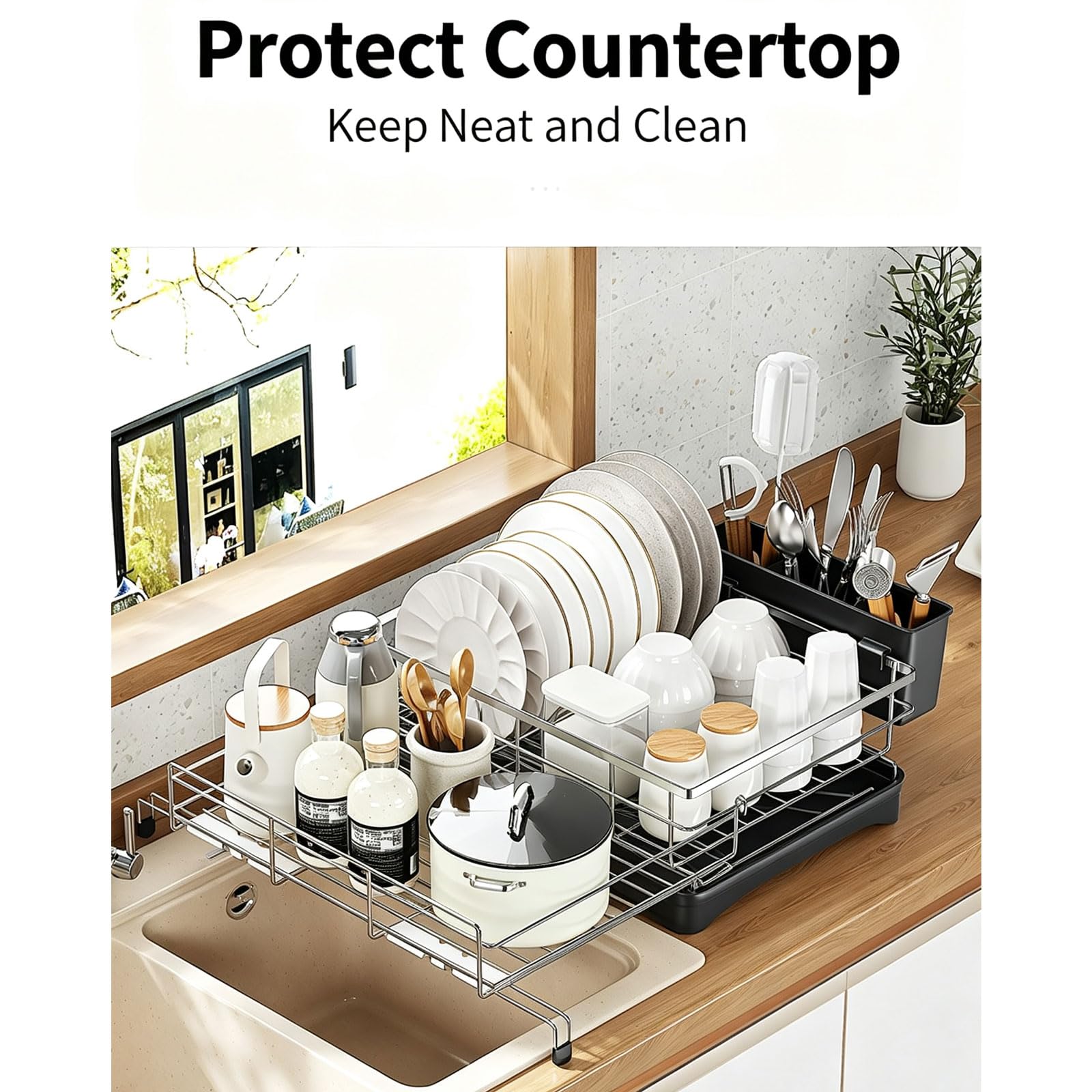 Escurridor de Platos para Encimera de Cocina Escurridor de Platos Extensible de Acero Inoxidable con Bandeja Recogegotas y Portacubiertos Secador Boquilla Giratoria 360°Ahorra Espacio
