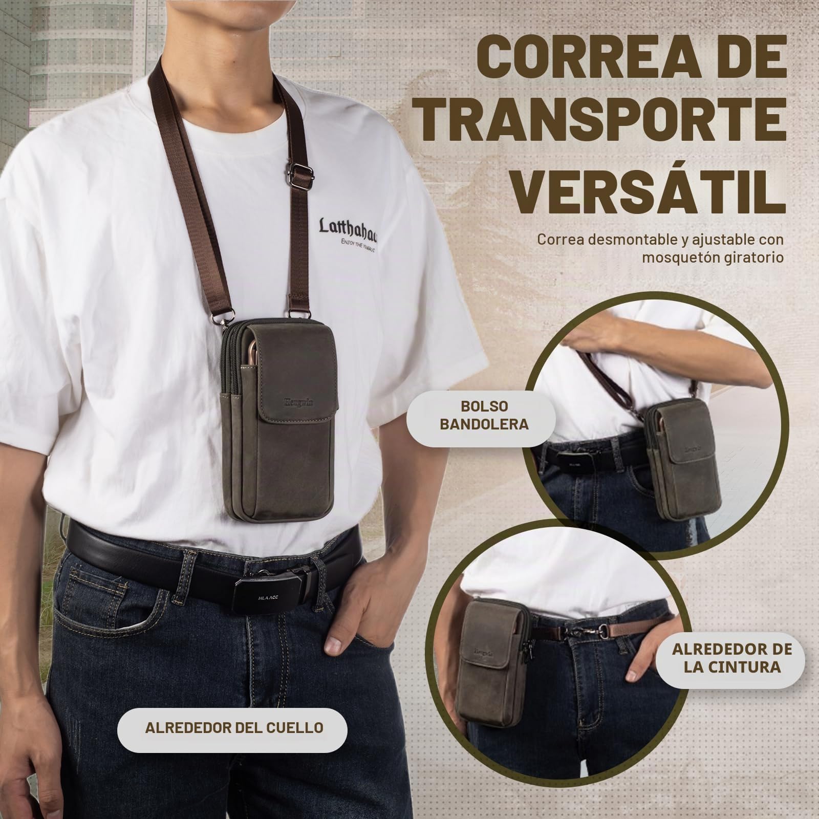 Cuero Genuino Bolsa para móvil, Bolsa de Cinturón, Funda Movil Cinturon para Hombre, Fundón de Teléfono, Bolso Cintura con Presilla (Grey)