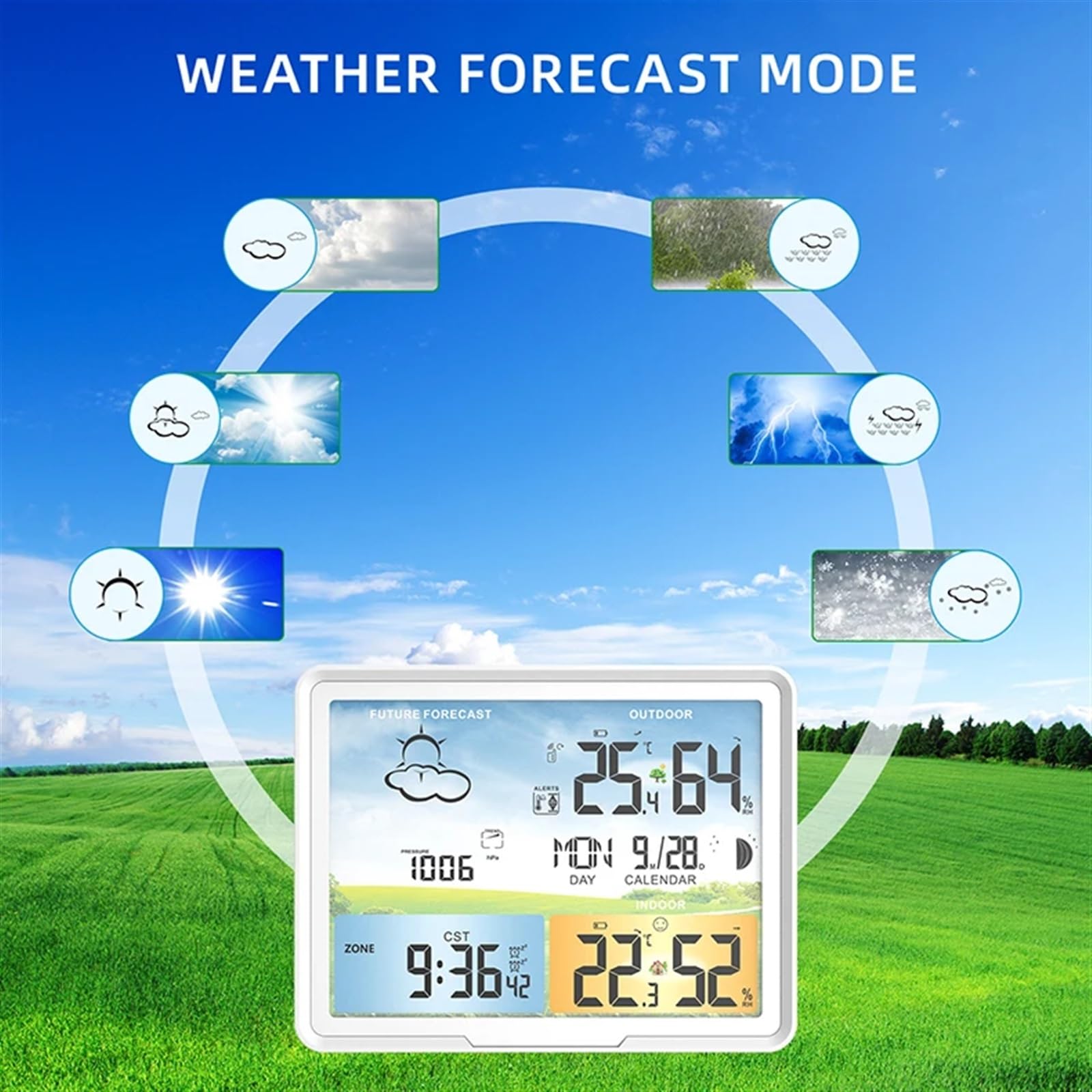 Stacja Meteorologiczna, Stacja pogodowa Wewnętrzna zewnętrzna Prognoza cyfrowa Kalendarze Zegary Higrometr Wilgotność Wyświetlacz temperatury Czujnik PT20A