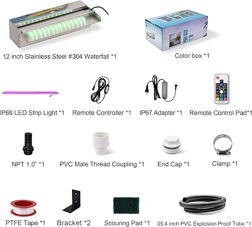 Miniatura 14 de Fuente de piscina de agua de 36 pulgadas de acero inoxidable 304 iluminada con plataforma de flujo de agua más amplia, tira de luz LED multicolor